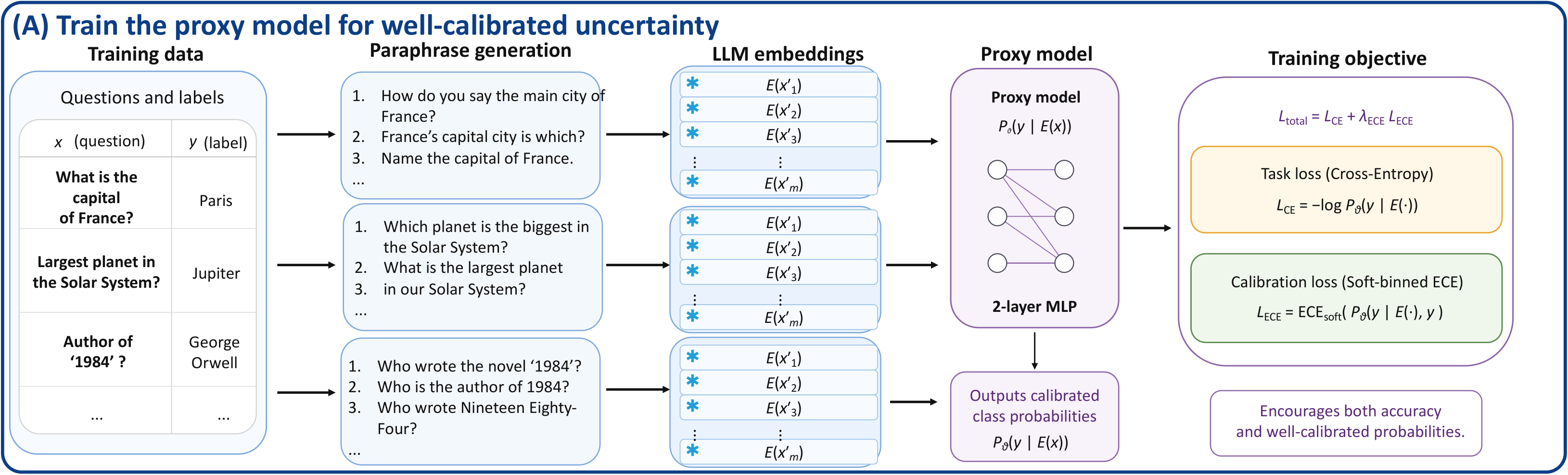Figure 2A: labeled questions are paraphrased, encoded by a frozen LLM, and used to train a two-layer proxy with task and calibration losses.